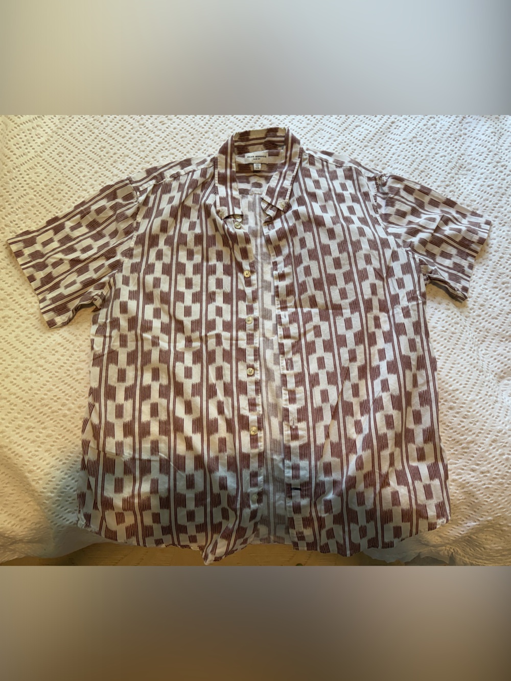 Club Monaco Geometric Button-Up Shirt in Brown and White